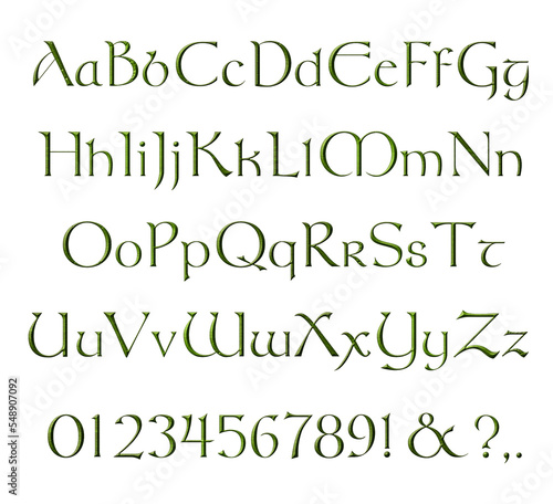 PNG file Celtic Alphabet in Green Wood Texture. Great for Irish Holiday Celebration.