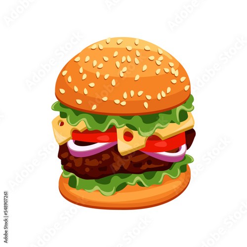 Realistic hamburger cartoon illustration. Delicious hamburger. Junk food  unhealthy diet concept