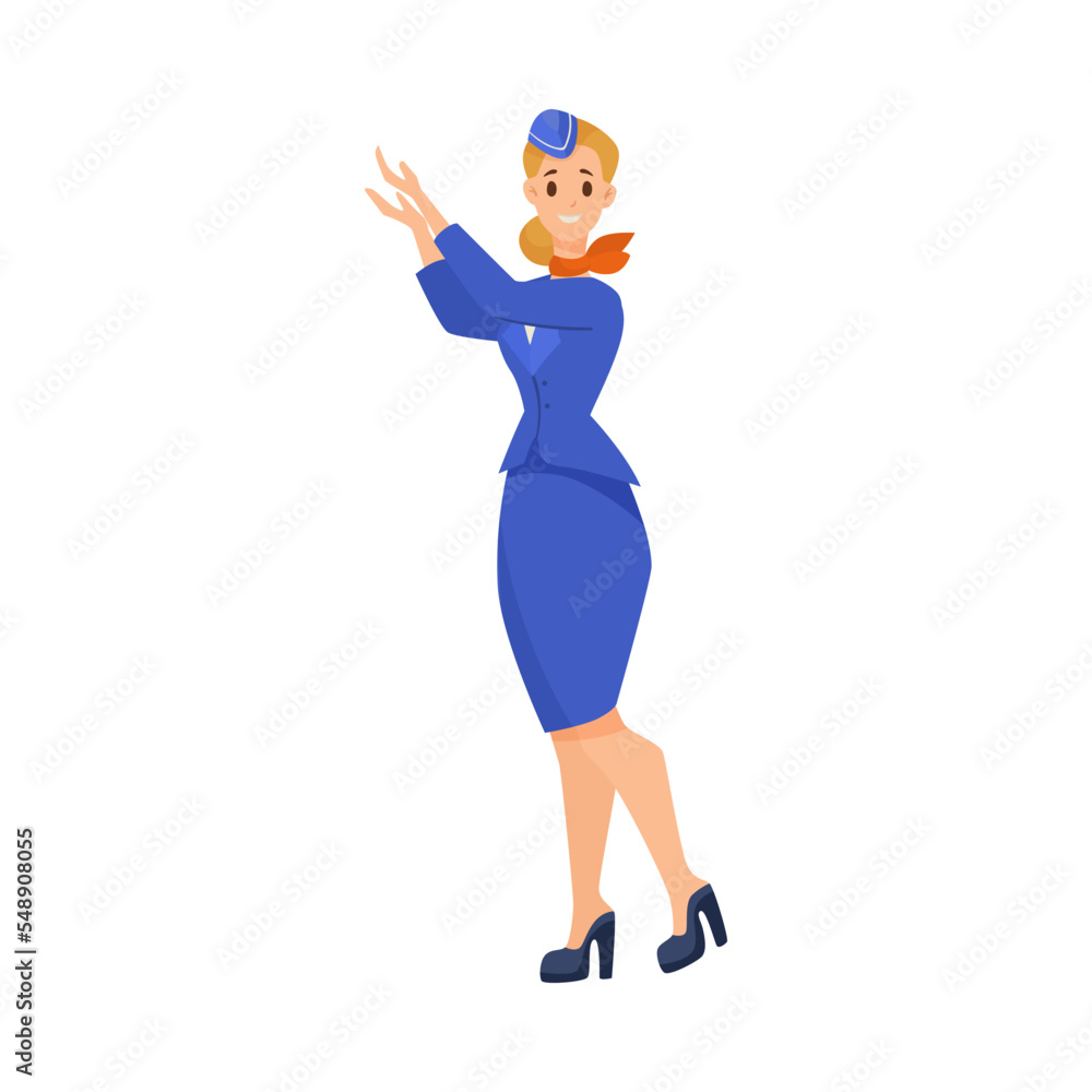 Stewardess explaining instructions cartoon illustration. Cartoon drawing of female flight attendant holding hands in left direction on white background. Occupation, safety concept