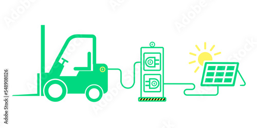 Electric forklift in a solar cell charging station.