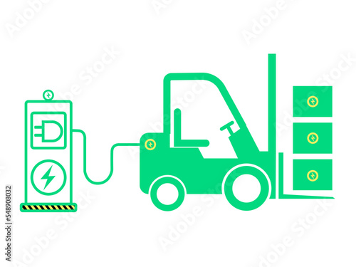 Electric forklift in a solar cell charging station.