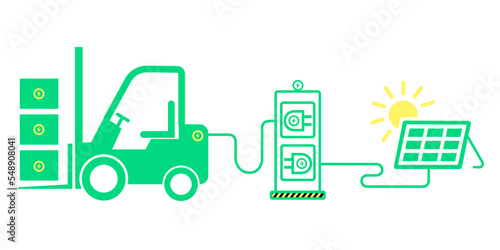 Electric forklift in a solar cell charging station.