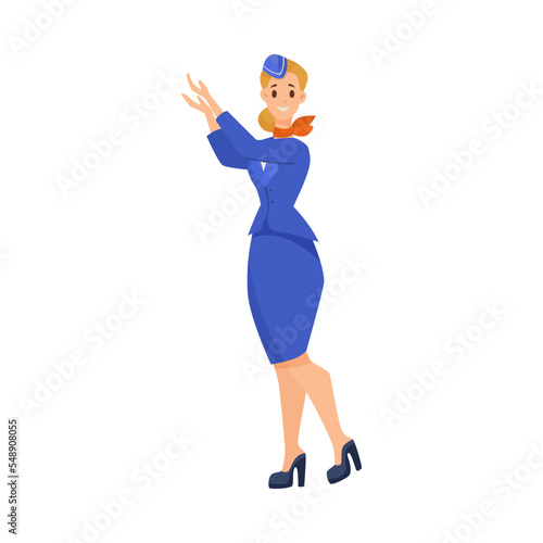 Stewardess explaining instructions cartoon illustration. Cartoon drawing of female flight attendant holding hands in left direction on white background. Occupation, safety concept