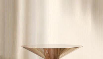 Modern, minimal round gold colored steel table podium with reeded glass partition on cream colored wall for luxury, organic, beauty, cosmetic product display