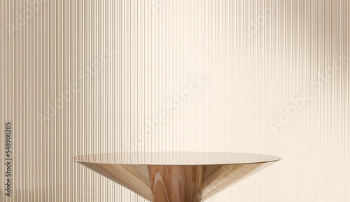 Modern, minimal round gold colored steel table podium with reeded glass partition on cream colored wall for luxury, organic, beauty, cosmetic product display