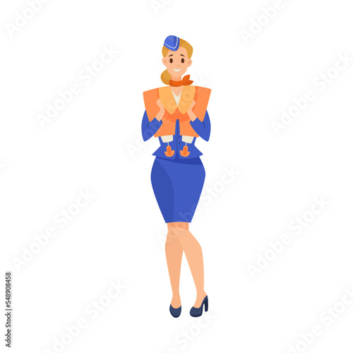 Stewardess holding life vest cartoon illustration. Cartoon drawing of female flight attendant with safety jacket on white background. Occupation, safety concept