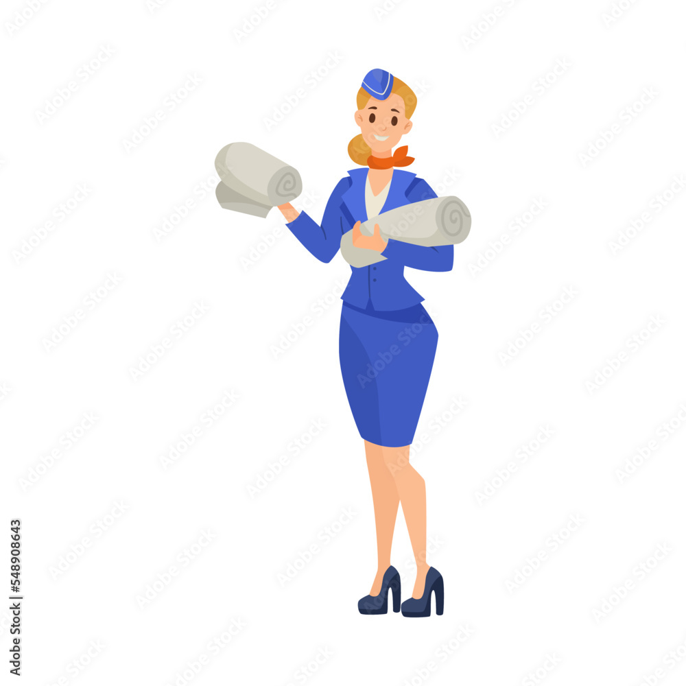 Stewardess holding blankets cartoon illustration. Cartoon drawing of female flight attendant with warm blankets, towels or cloth for passengers on white background. Occupation, service concept Stewardess holding blankets cartoon illustration. Cartoon drawing of female flight attendant with warm blankets, towels or cloth for passengers on white background. Occupation, service concept