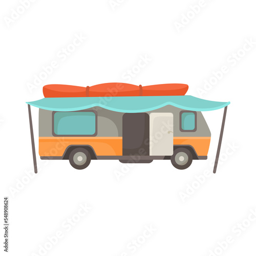 RV or house trailer with canopy or awning cartoon illustration. Vintage van or camping truck for travel, adventure, family vacation isolated on white background. Campsite, camp, transportation concept