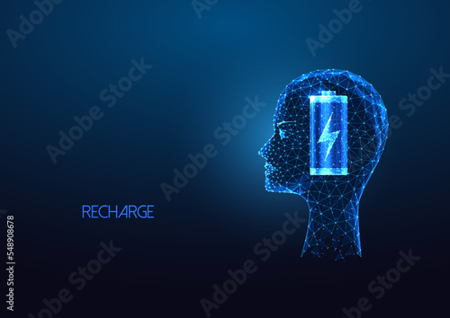 Futuristic mind recharge, emotional and spiritual rest concept with human head and battery symbols