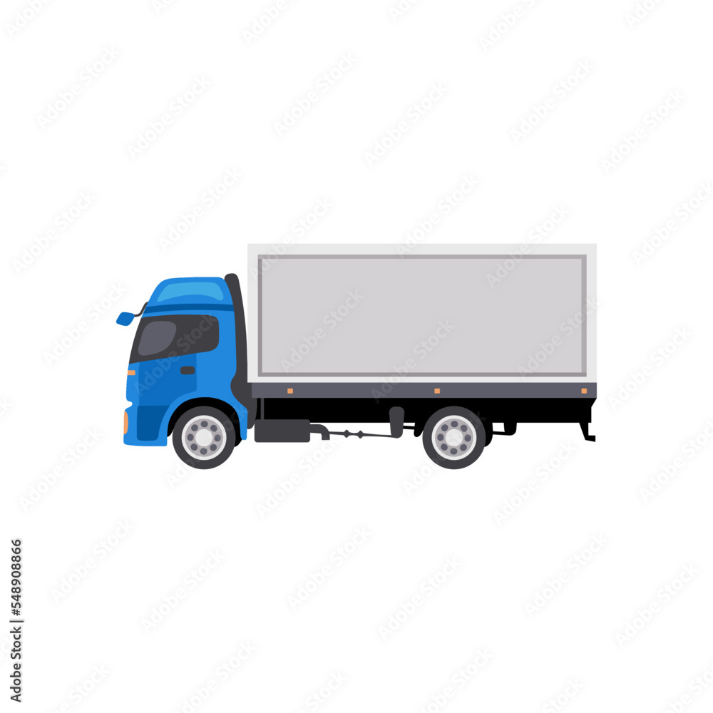 Blue truck for express delivery flat vector illustration. Cartoon drawing of cargo tools isolated on white background. Shipment, delivery service concept