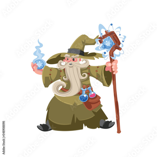 Old wizard casting spell cartoon illustration. Wise magician, warlock, mage or sorcerer with white beard in hat and robe casting spell. Magic concept