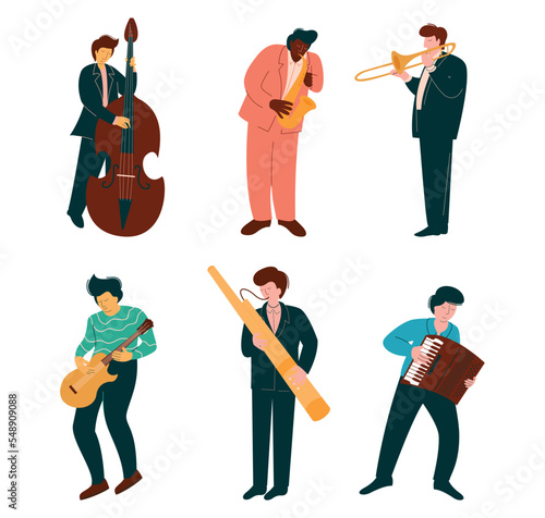 Man Musician Playing Musical Instrument Performing on Stage Vector Set