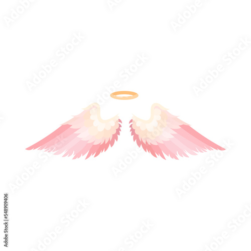 Big pink wings and halo flat vector illustration. Cartoon drawing of pair of angel wings and gold nimbus isolated on white background. Love, heaven, religion, freedom concept