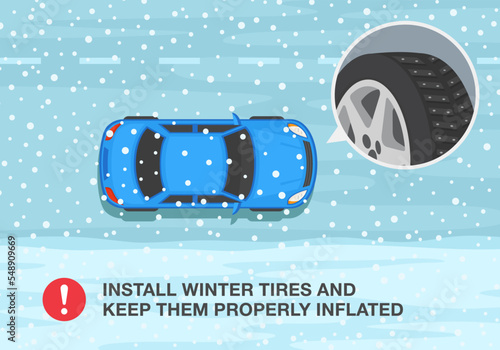 Safe car driving rules and tips. Winter season driving. Install winter tires and keep them properly inflated. Top view of sedan car on snow road. Flat vector illustration template.