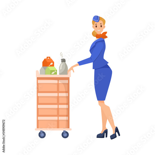 Stewardess with food cart cartoon illustration. Cartoon drawing of female flight attendant serving meals and drinks on white background. Occupation, service concept
