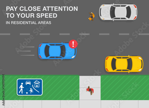 Safe car driving tips and traffic regulation rules. Blue sedan car passing white car on road. Be sure to check all traffic ahead before overtake in residential area. Flat vector illustration template.