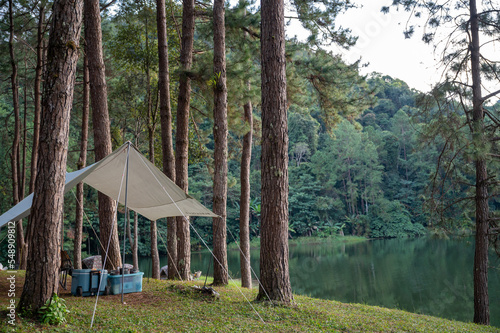 Camping in pine forest near lake at Pang Ung, Mae Hong Son, Thailand