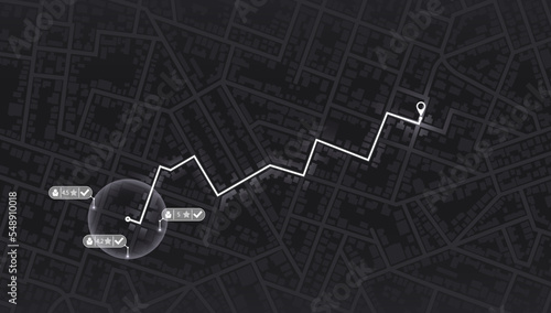 Pick up taxi. Gps map navigation to own house. Detailed view of city. Passenger location sharing for driver. City top view. Online navigation. Flat style, Vector, illustration isolated.
