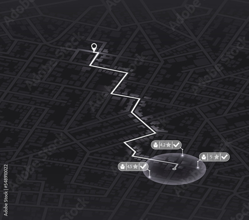 Pick up taxi. Gps map navigation to own house. Detailed view of city. Passenger location sharing for driver. City top view. Online navigation. Flat style, Vector, illustration isolated.