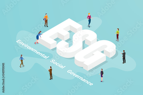 esg environmental social governance big text word and people around with modern isometric style