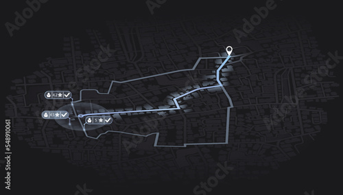 Pick up taxi. Gps map navigation to own house. Detailed view of city. Passenger location sharing for driver. City top view. Online navigation. Flat style, Vector, illustration isolated.