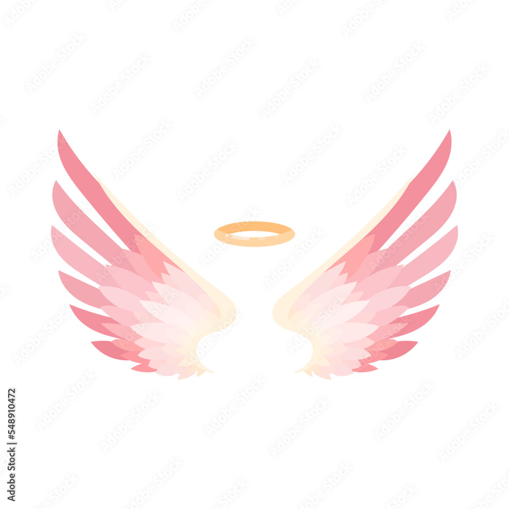 Cute pink wings and gold nimbus flat vector illustration. Cartoon