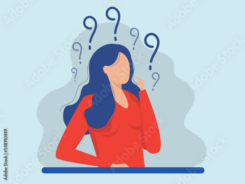 Woman Thinking with question mark,  doubts, problems, thoughts, emotions. Curious woman questioning,Flat cartoon vector illustration.