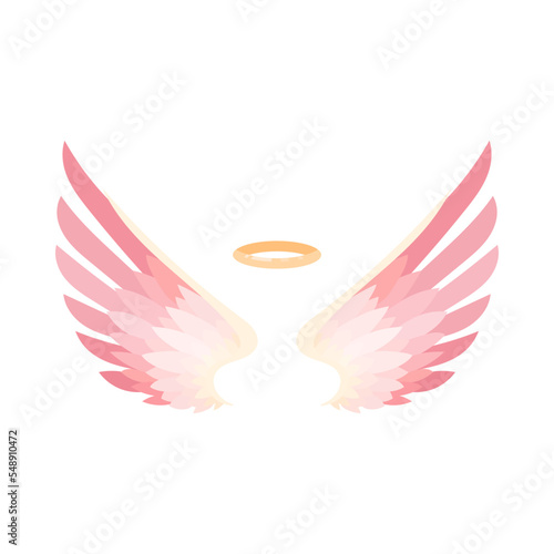 Fotografiet Cute pink wings and gold nimbus flat vector illustration