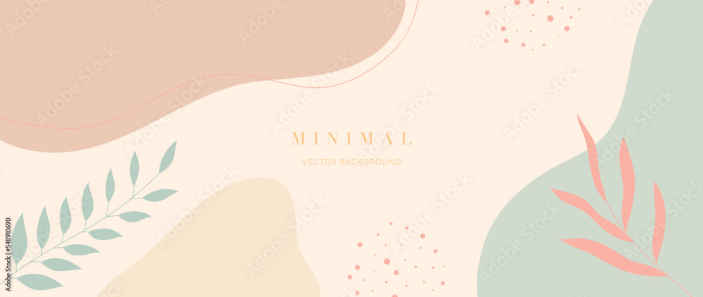 Minimal abstract background vector illustration. Soft earth tone pastel color organic shape, dot pattern, curve lines, leaf branch. Design for wall art, print, poster, home decor, cover, wallpaper.