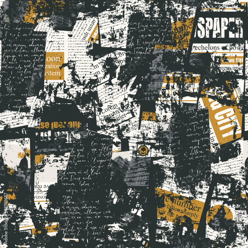Abstract seamless pattern with scuffed collage of newspaper or magazine clippings. Vector background in grunge style with titles, illustrations and imitation of text. Wallpaper, wrapping paper, fabric