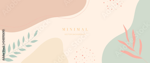 Minimal abstract background vector illustration. Soft earth tone pastel color organic shape, dot pattern, curve lines, leaf branch. Design for wall art, print, poster, home decor, cover, wallpaper.