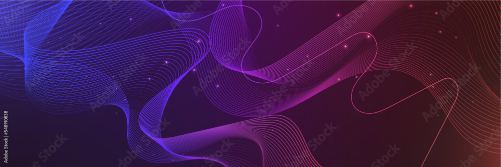 Vector wave lines flowing dynamic colorful blue pink isolated on dark blue background for concept of AI technology, digital, communication, science, music