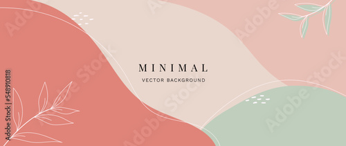 Minimal abstract background vector illustration. Soft earth tone pastel color organic shape, dot pattern, curve lines, leaf branch. Design for wall art, print, poster, home decor, cover, wallpaper.
