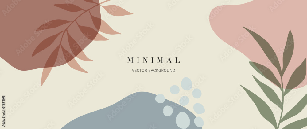 Minimal abstract background vector illustration. Soft earth tone pastel color organic shape, dot pattern, leaf branch. Design for decoration, wall art, print, poster, home decor, cover, wallpaper.