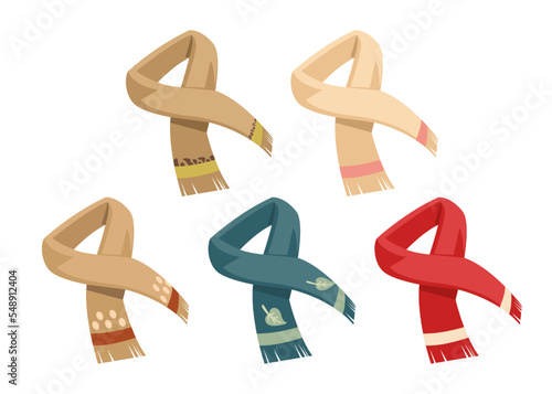 Cute scarves for cold winter weather vector illustrations set. Collection of cartoon drawings of colorful cloth or fabric isolated on white background. Accessories  fashion  seasons concept