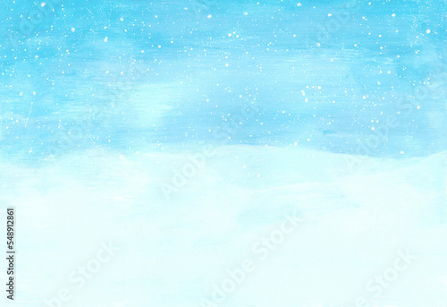 Acrylic painting of winter concept. Heavy snowfall, Natural Christmas background. Winter landscape with falling. copy space for the text. Hand painted texture style.