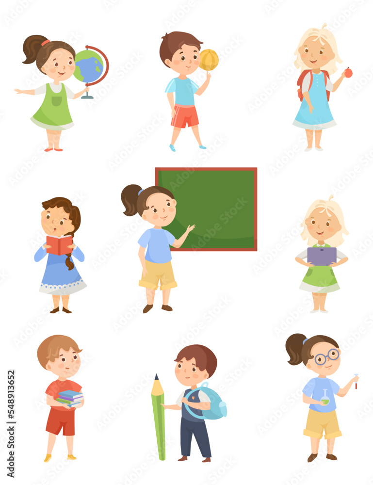 Children with school supply vector illustration set. Nine children with globe, ball, backpack, book, blackboard, computer, pencil, flask isolated on white background. Education concept.
