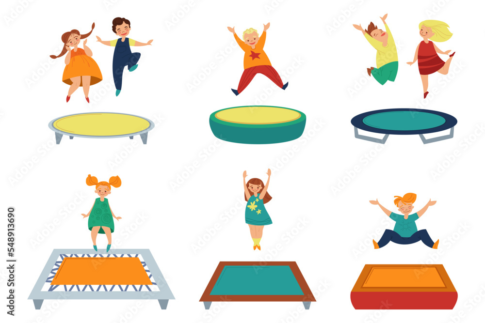 Children jumping on trampolines vector illustration set. Eight happy people jump on six bright trampolines in different poses isolated on white background. Fun, sport concept. Children jumping on trampolines vector illustration set. Eight happy people jump on six bright trampolines in different poses isolated on white background. Fun, sport concept.