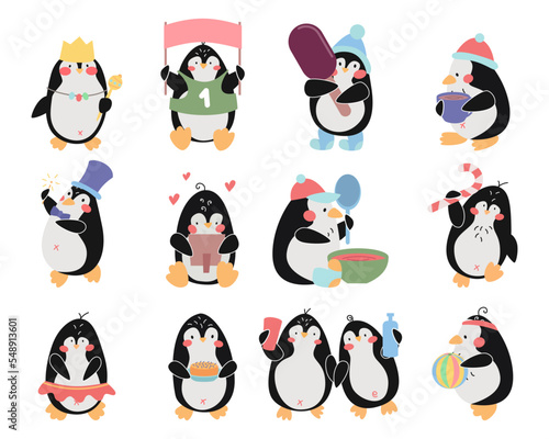 Cute happy penguins vector illustration set. Thirteen penguins with crown, magic wand, ball, ice cream, mug of tea, photo, plate of soup, lollipop, cake isolated on white background. Winter concept.