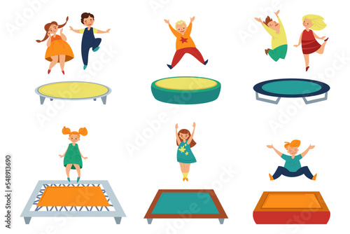Children jumping on trampolines vector illustration set. Eight happy people jump on six bright trampolines in different poses isolated on white background. Fun, sport concept.