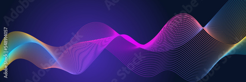 Dark abstract background with glowing wave. Shiny moving lines design element. Modern purple blue gradient flowing wave lines. Futuristic technology concept. Vector illustration