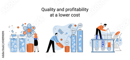Quality and profitability at lower cost. Salary increase metaphor, profit margin. Earn on business inflation, investment, developing, coordinating sales. Management optimization of business processes