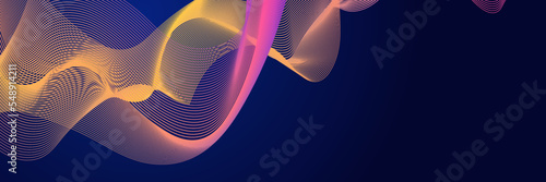Dark abstract background with glowing wave. Shiny moving lines design element. Modern purple blue gradient flowing wave lines. Futuristic technology concept. Vector illustration