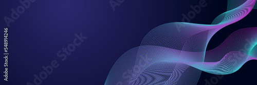 Dark abstract background with glowing wave. Shiny moving lines design element. Modern purple blue gradient flowing wave lines. Futuristic technology concept. Vector illustration