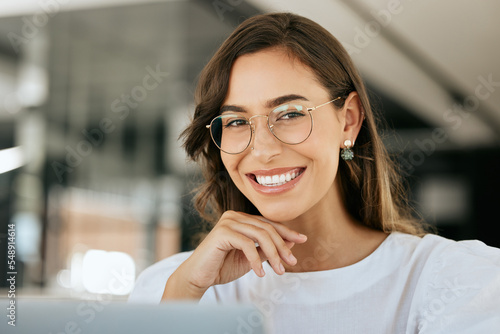 Creative, woman and portrait smile with glasses for vision, career ambition or success at the office. Happy female employee designer face smiling with teeth in happiness or satisfaction at workplace photo