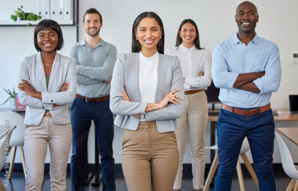 Business people, portrait smile and team with arms crossed in corporate collaboration or diversity at the office. Group of diverse confident employee workers smiling in teamwork vision at workplace Business people, portrait smile and team with arms crossed in corporate collaboration or diversity at the office. Group of diverse confident employee workers smiling in teamwork vision at workplace