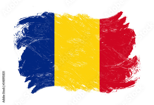Romania flag on distressed grunge white stroke brush background