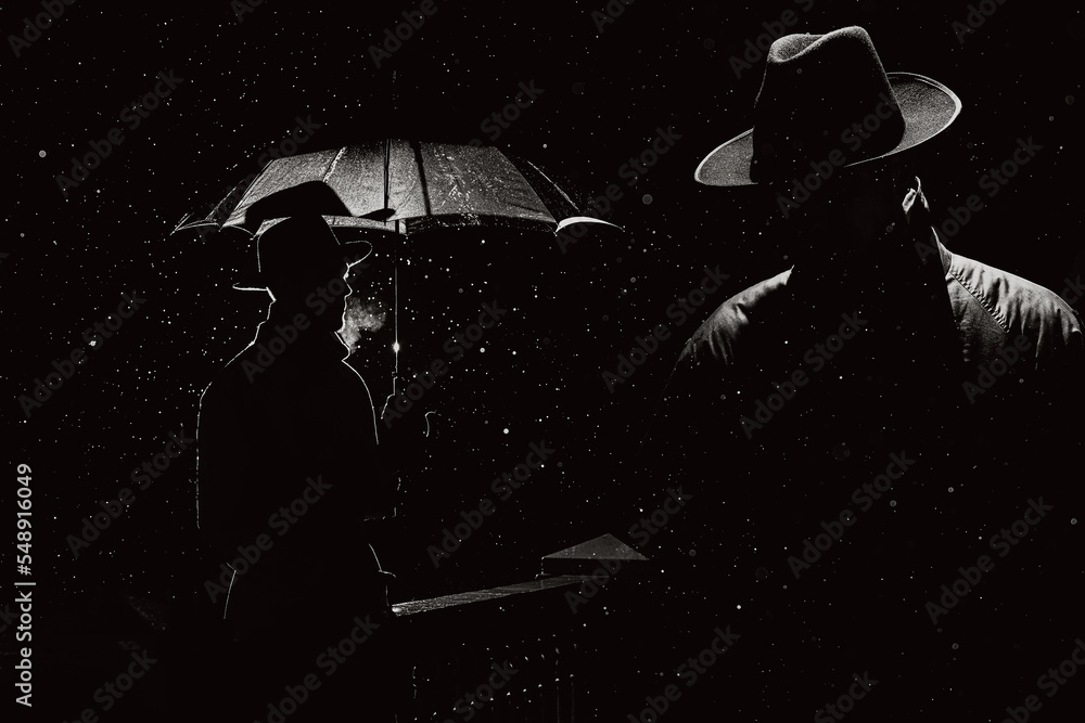 silhouette of a male detective spy in the style of film noir. Collage with  a man in a raincoat and hat in a rainy city at night Stock-foto | Adobe  Stock