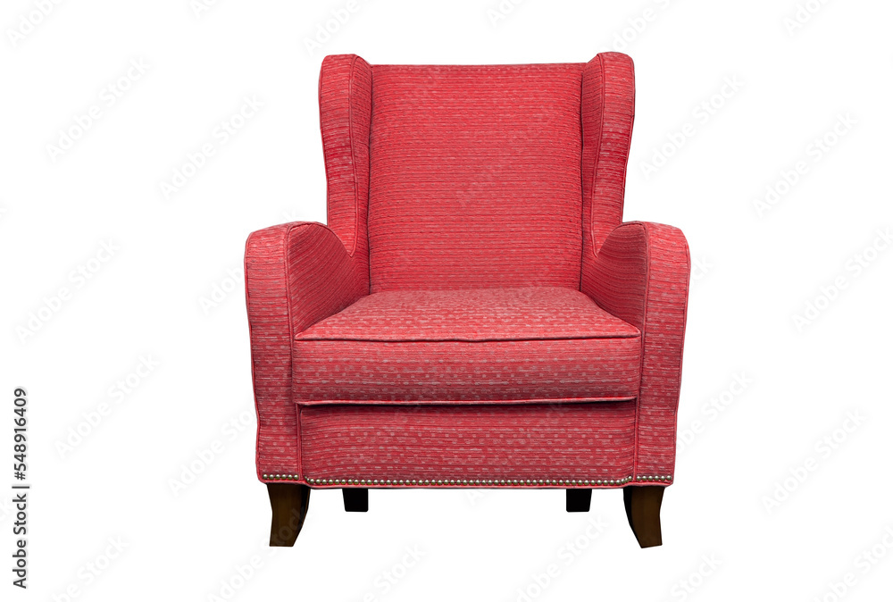 Isolated red armchair with soft armrests. Red chair on white background Isolated red armchair with soft armrests. Red chair on white background
