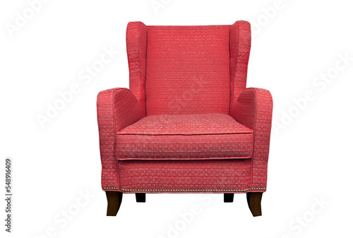 Isolated red armchair with soft armrests. Red chair on white background 